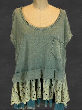 Lagenlook boho Top Sage Green Linen Eyelet Lace ruffle oversized boxy Artsy